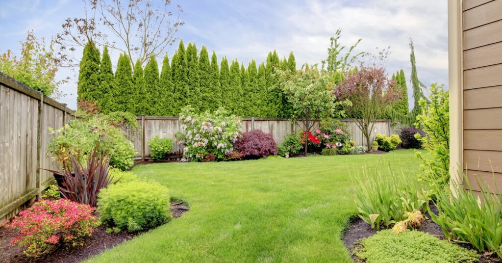 A fenced backyard with a neatly trimmed lawn, colorful shrubs, and mulched flower beds under a blue sky.