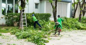 Three people in green shirts cutting and clearing branches beside a building with trees and scattered leaves on the ground.