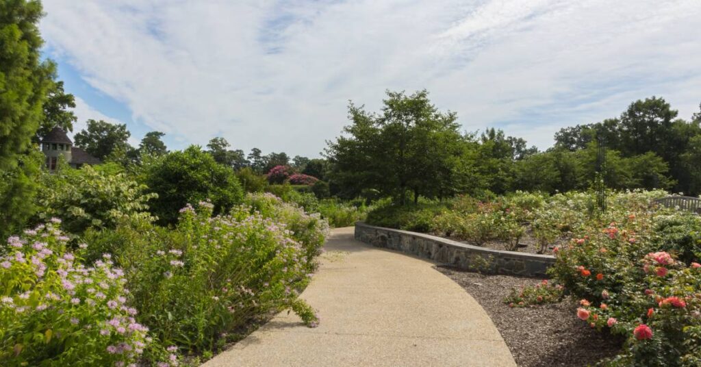 Curved pathway in a landscaped garden with colorful flowering plants, shrubs, and trees under a partly cloudy sky.