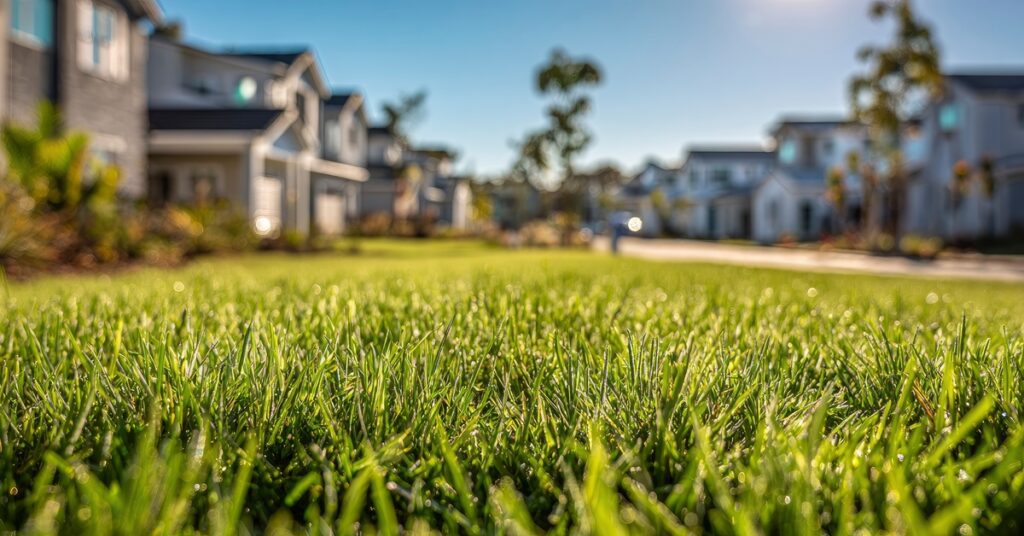 An extreme close-up view shows blades of green grass on a residential lawn. Blurry homes are in the background.