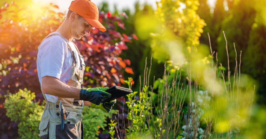 A man wearing an orange baseball cap, tan overalls, and a white T-shirt stands among landscaping, looking at a tablet.