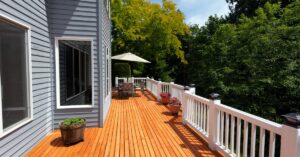 A large wooden deck has white fencing around it and connects to a two-story home. Potted plants sit on the deck.