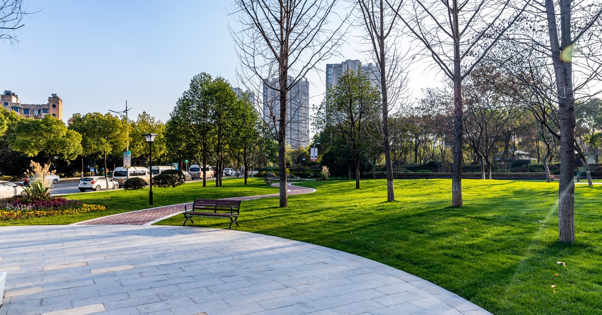 A commercial property features tall, mature trees with no leaves, a gray brick pathway, benches, and flowers.